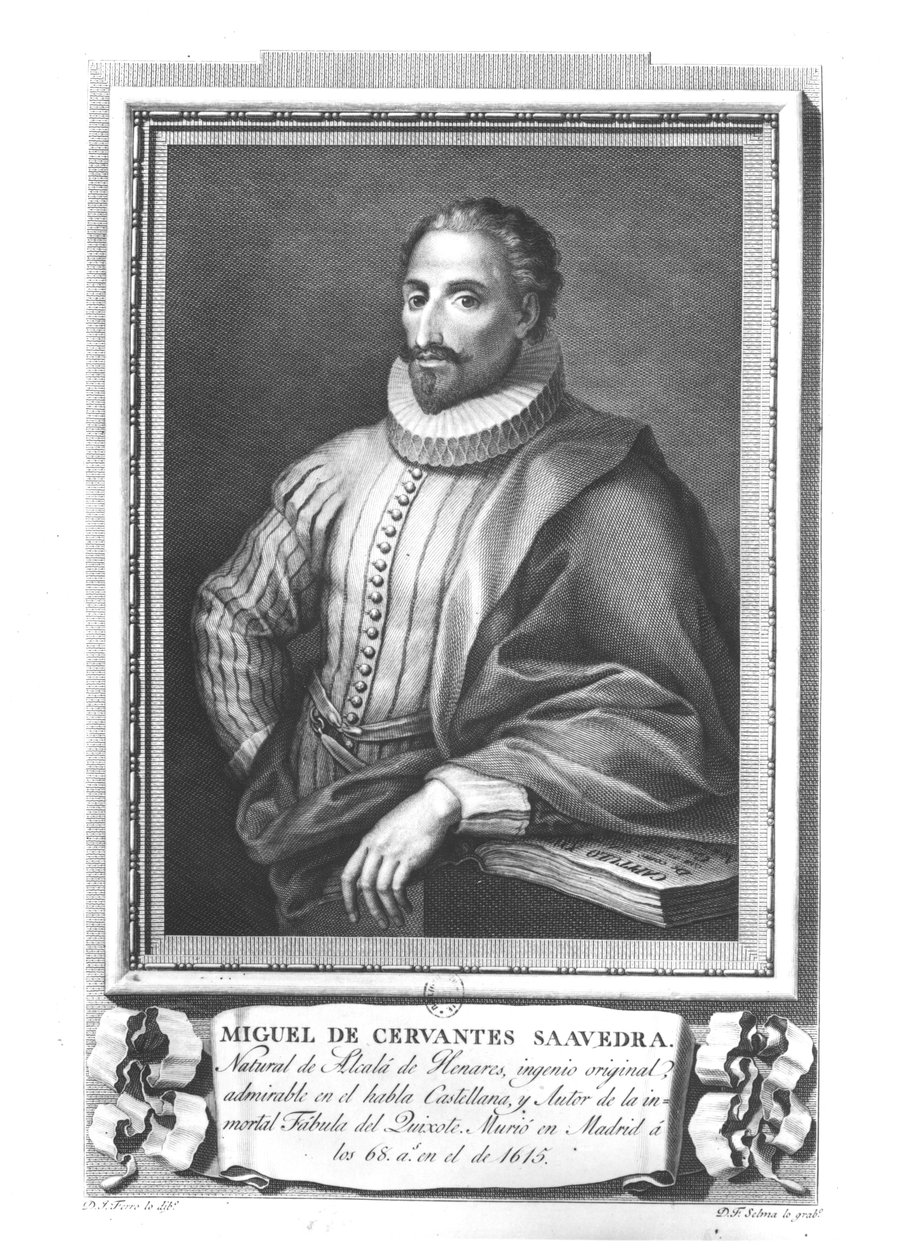 Portret van Miguel de Cervantes Saavedra (1547-1616) gegraveerd door Fernando Selma (1752-1810) door Gregorio Ferro