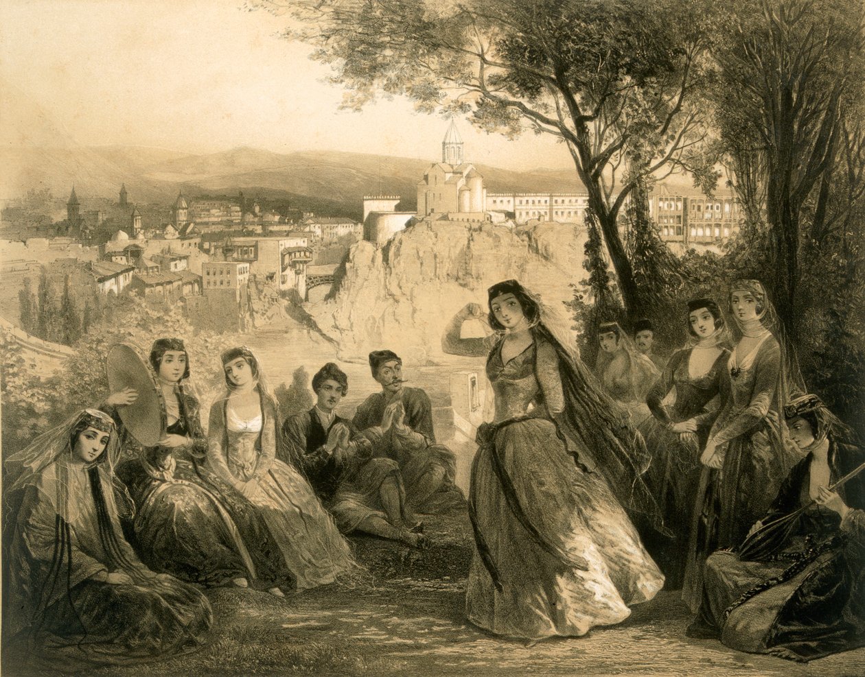 Tuin bij Tiflis, Georgië, plaat 27 uit een boek over de Kaukasus, uitgegeven door Alfred Leon Lemercier, Parijs, 1847 door Grigori Grigorevich Gagarin