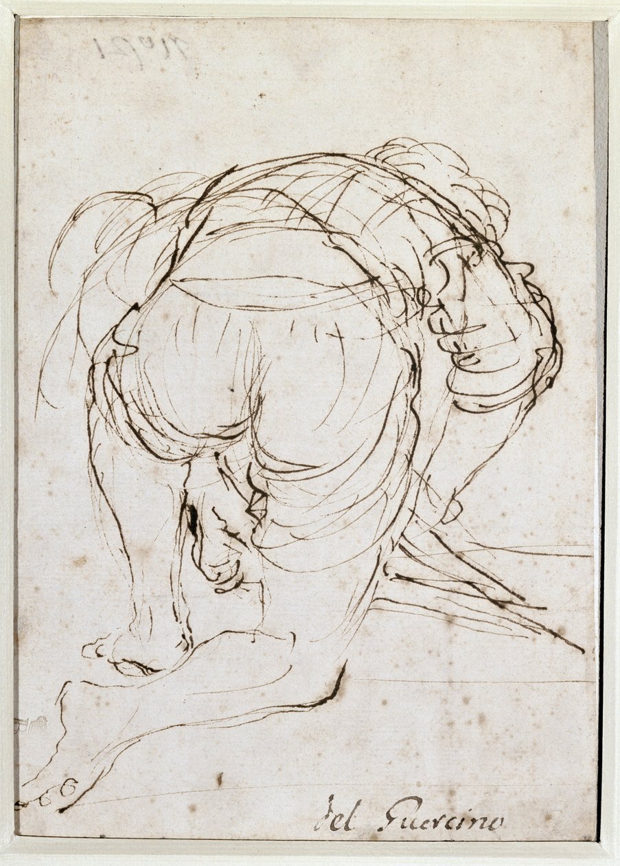 Knielende man - Potloodtekening door Guercino