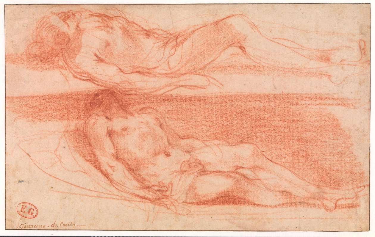 Twee studies van liggende halfnaakte man door Guercino