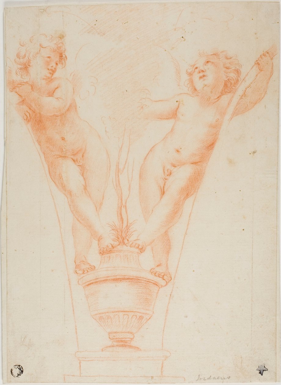 Twee putti met potplant door Guido Reni