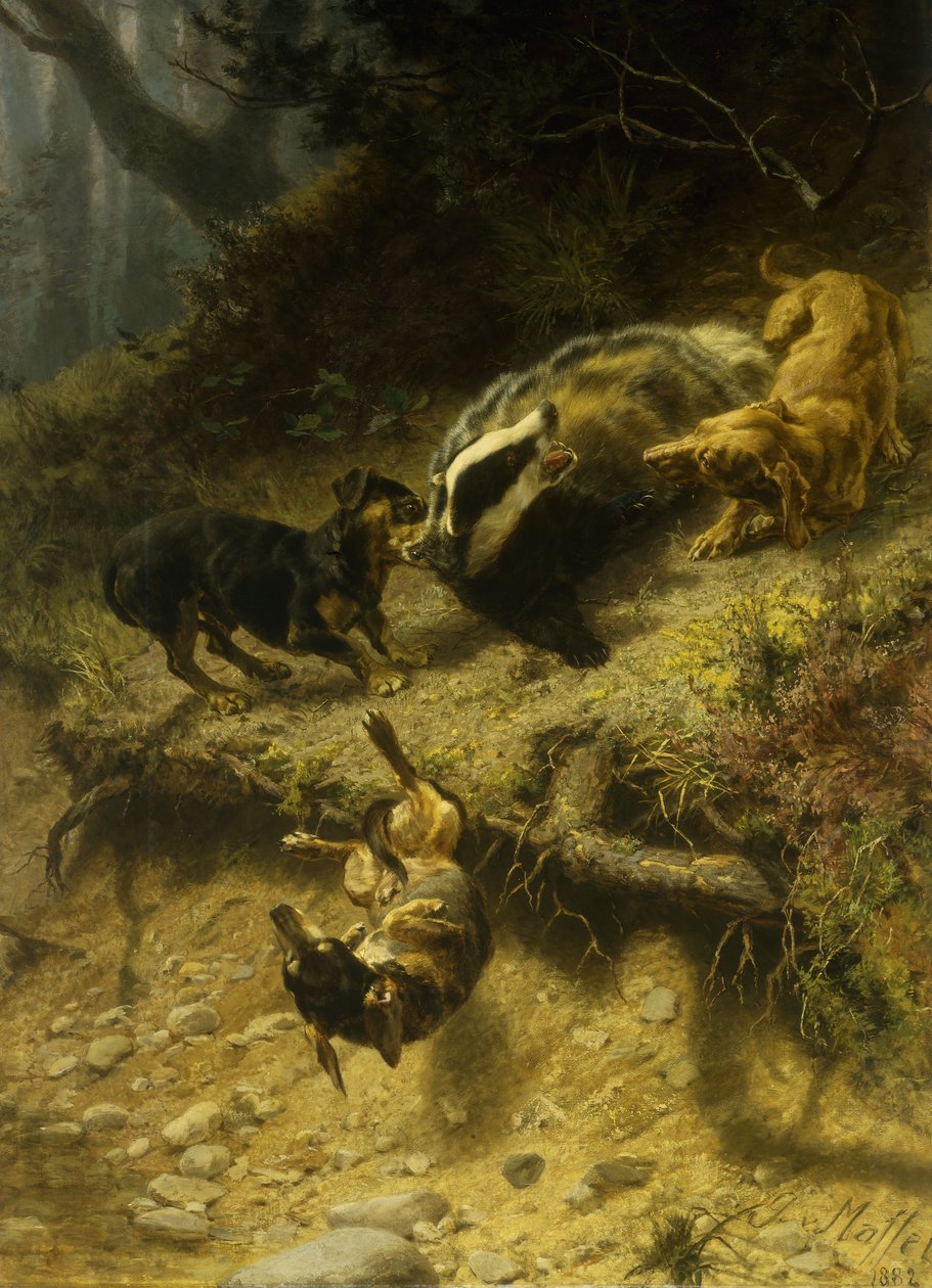 Teckels op een Das, 1882 door Guido von Maffei