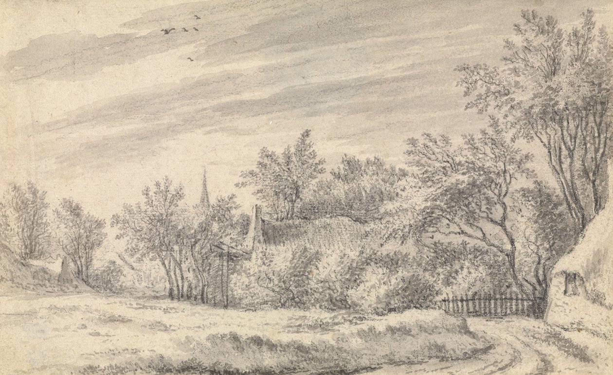 Dorpspad met kerktoren in de verte door Guillam Dubois