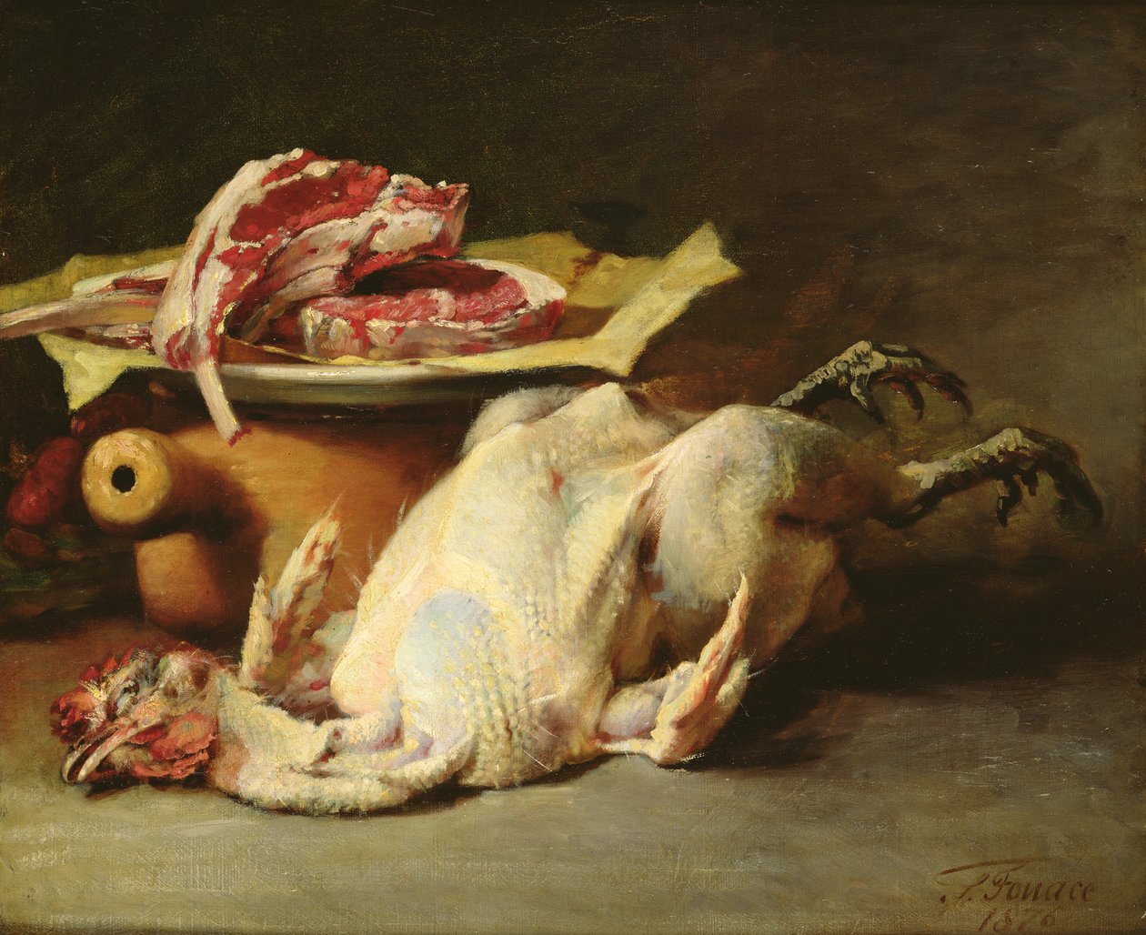 Stilleven van een kip en koteletten, 1876 door Guillaume Romain Fouace
