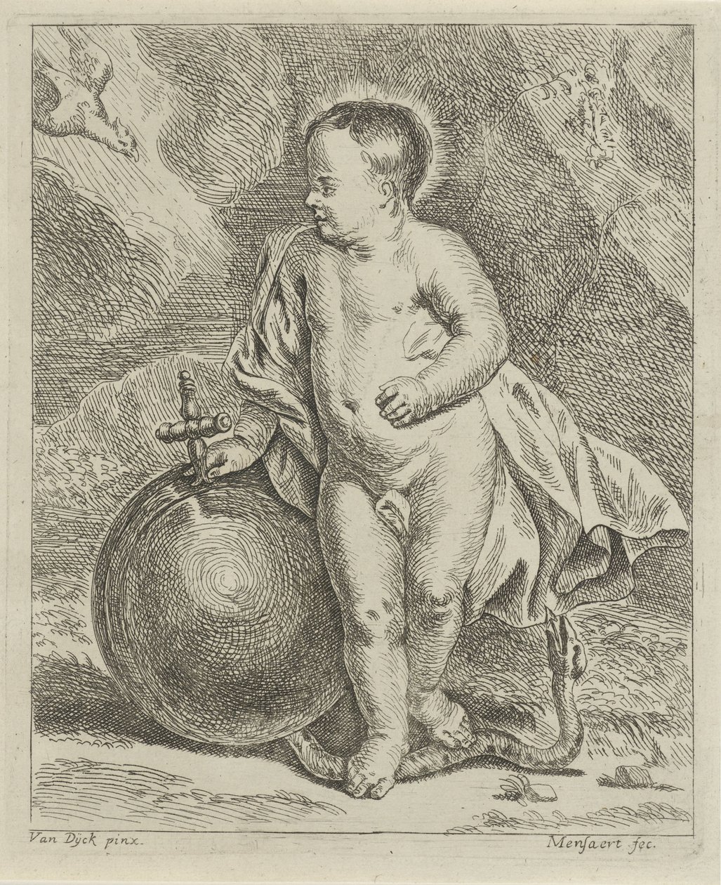 Christuskind met wereldbol en slang door Guillaume Pierre Mensaert