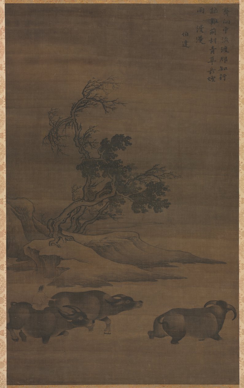 Herderjongens en Buffels in Landschap door Guo Min