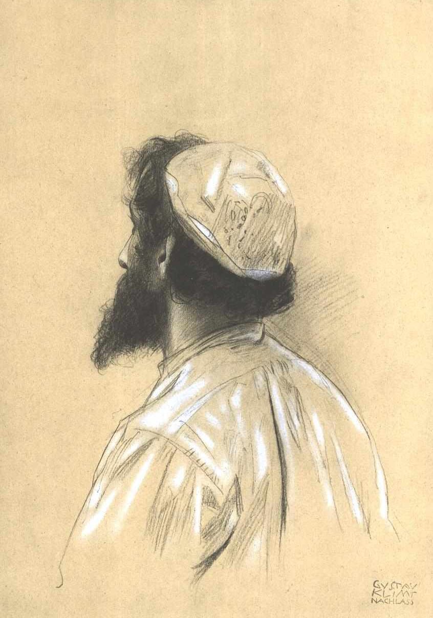 Bebaarde jongere man met pet in verloren profiel naar links door Gustav Klimt