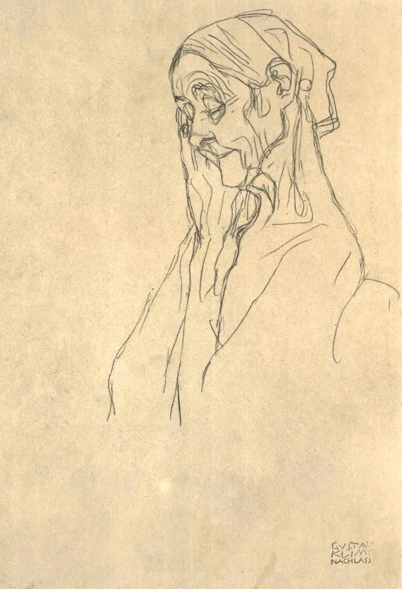 Hoofd van een oude vrouw naar links door Gustav Klimt