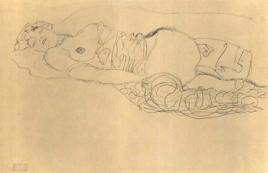 Liggende halve naakt naar links met opgetrokken dijen door Gustav Klimt