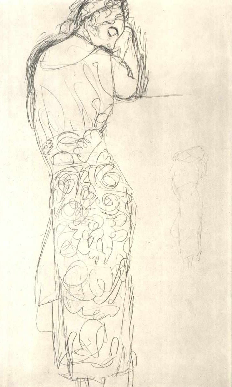 Rugaanzicht van een staande vrouw in een rok met patroon door Gustav Klimt