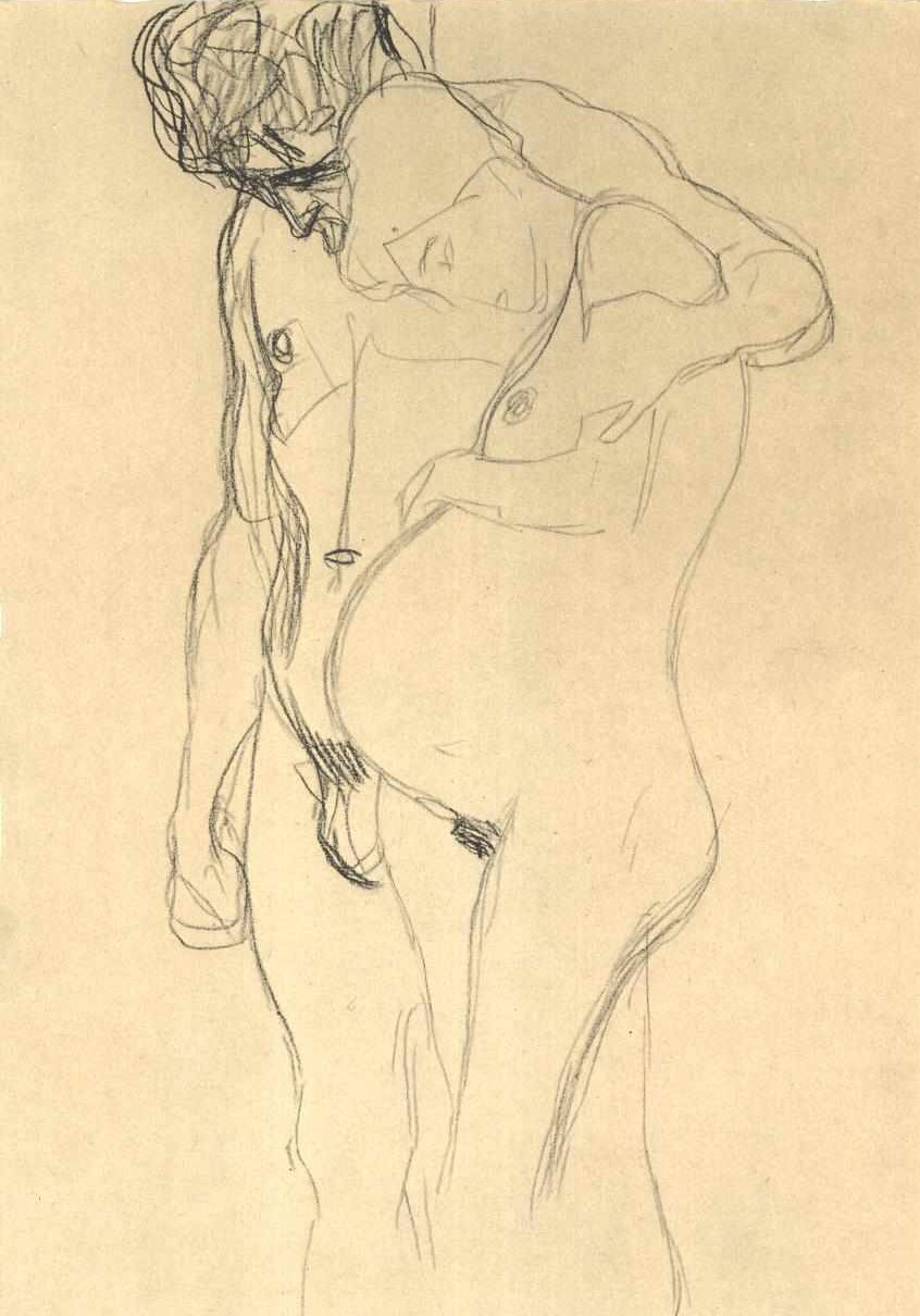 Zwangere vrouw met man naar links door Gustav Klimt