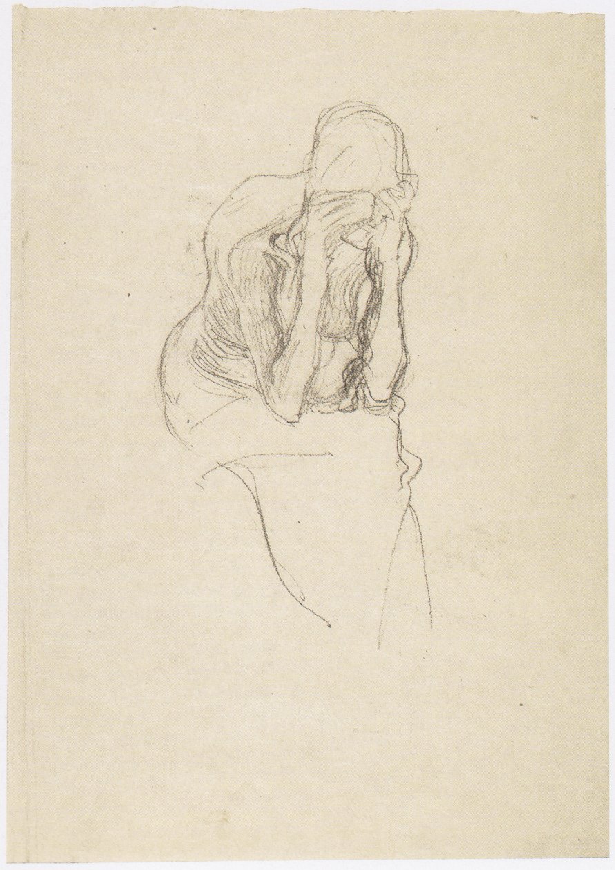 Zittende halve naakt van een oude vrouw iets naar rechts door Gustav Klimt