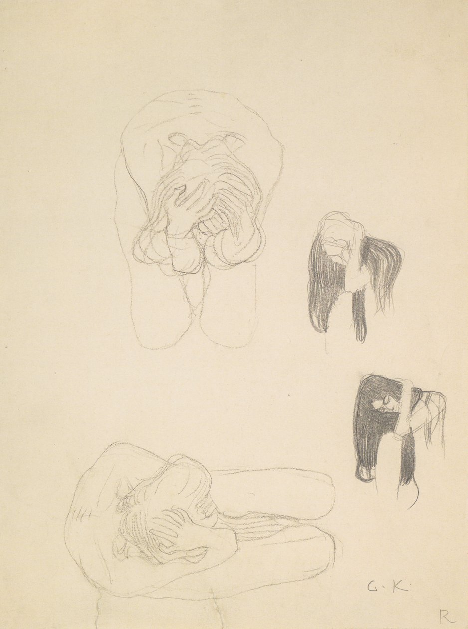 Twee hurkende naakten en twee profielstudies naar links door Gustav Klimt