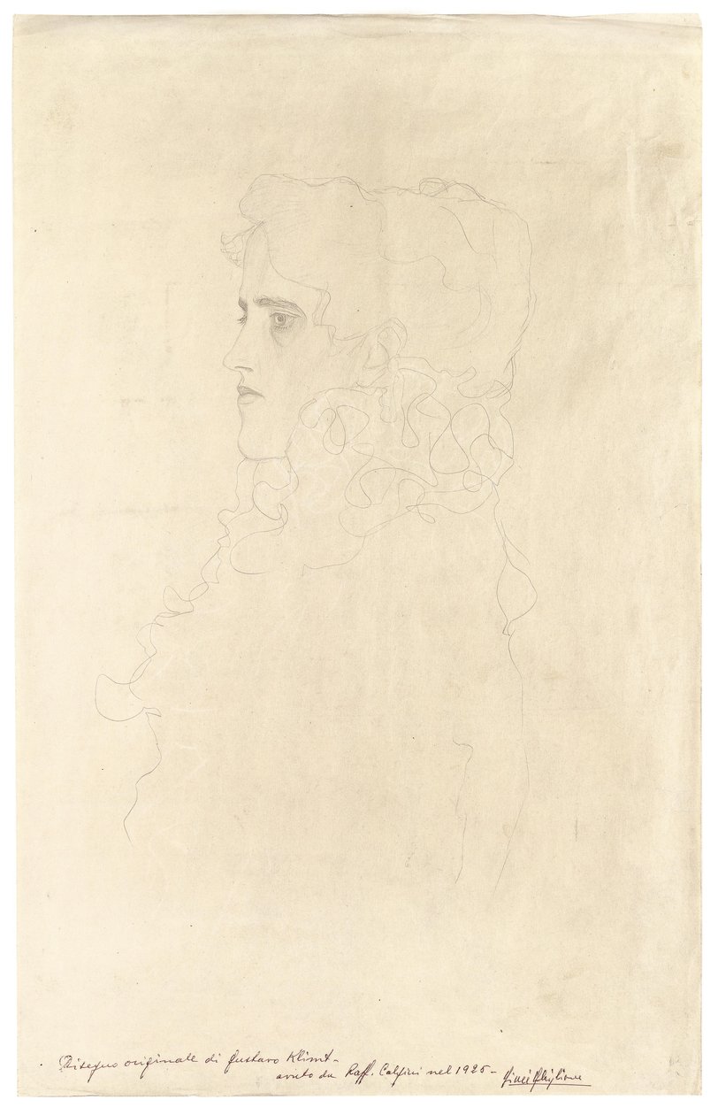 Portret van een vrouw in profiel met rucheskraag door Gustav Klimt