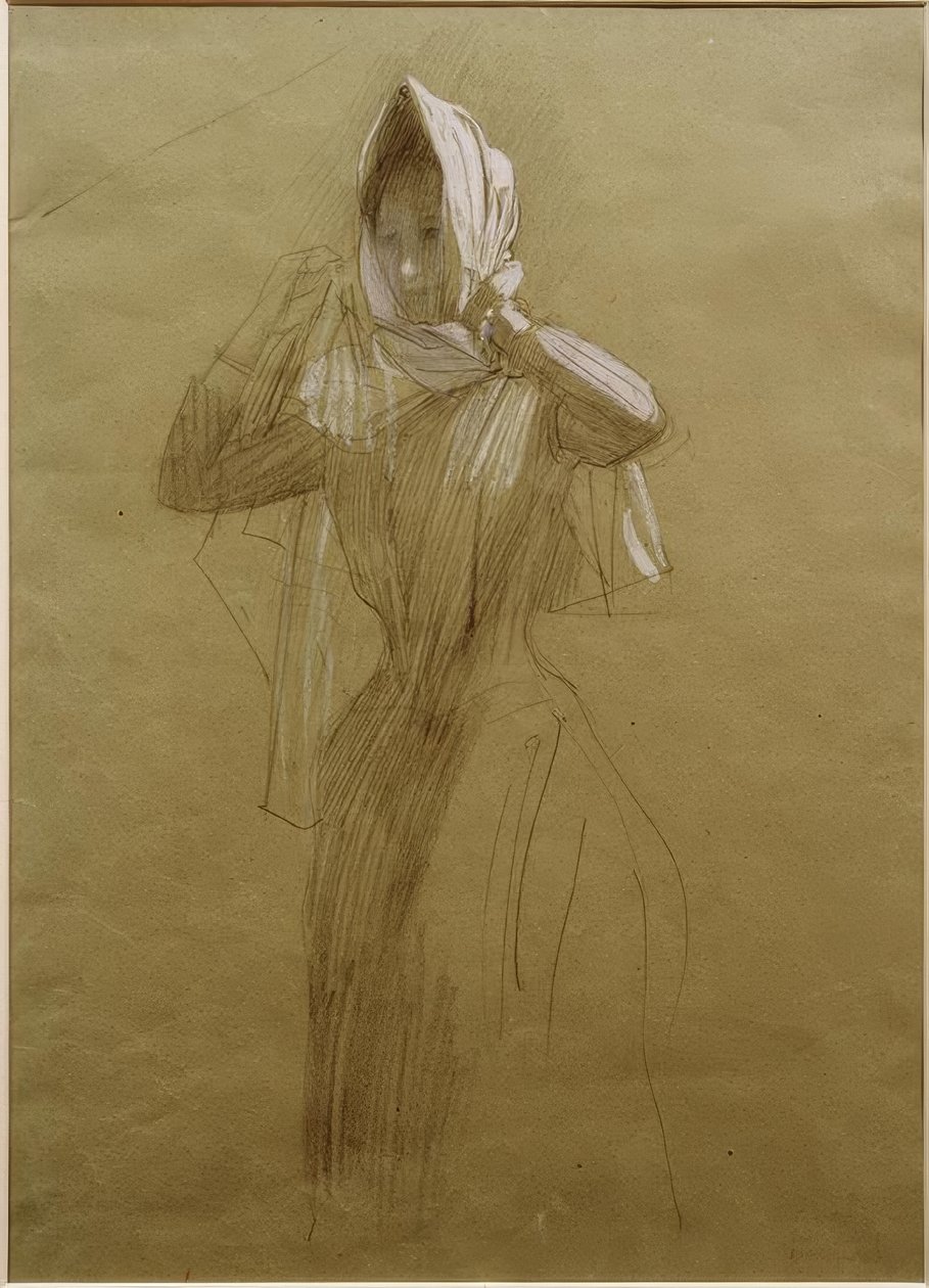 Staande jonge vrouw, een hoofddoek omdoend door Gustav Klimt