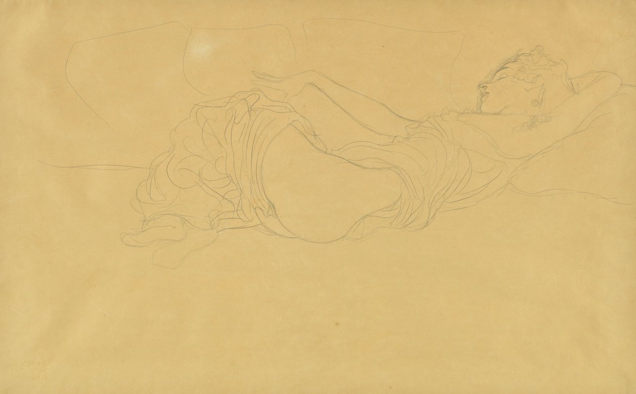 Vrouw Liggend op haar Rug, Gedeeltelijk Gekleed door Gustav Klimt