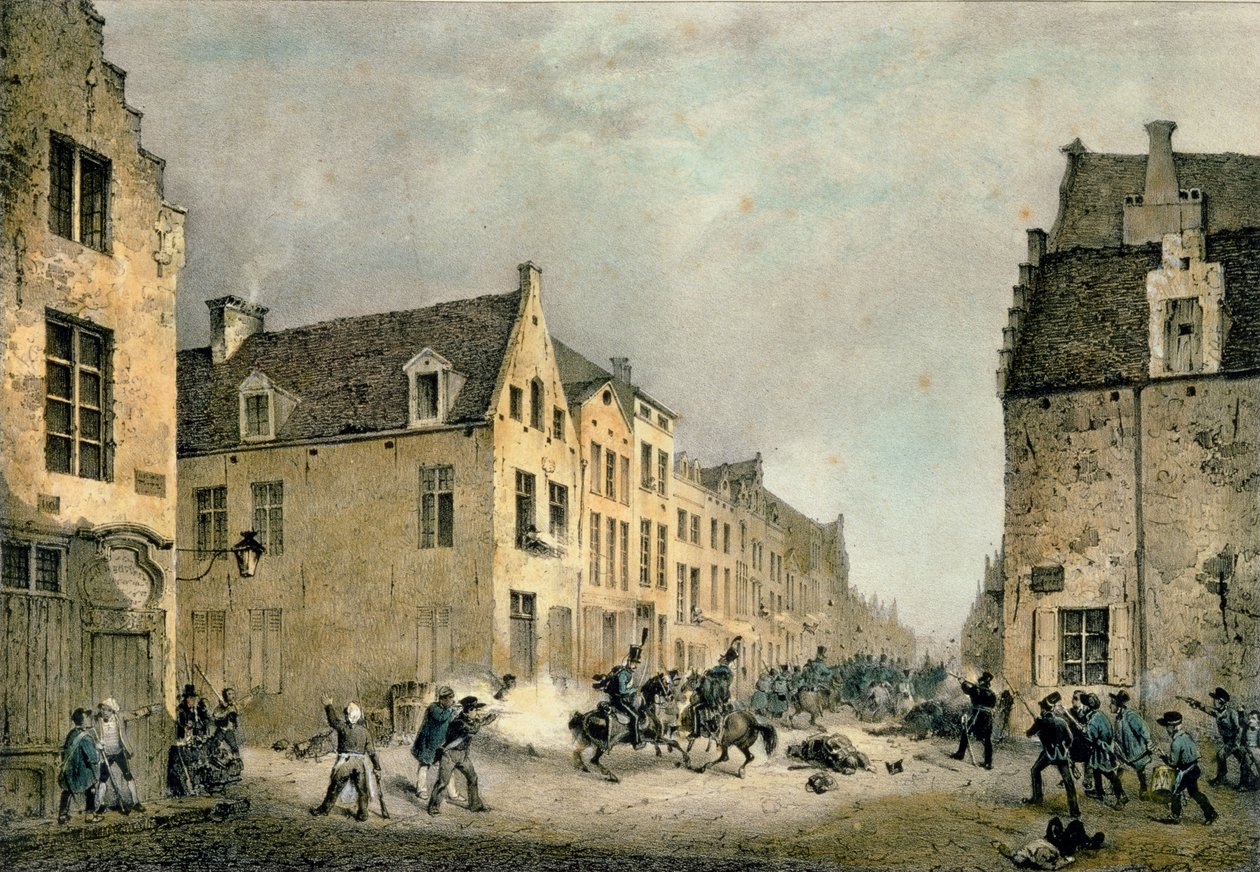 Afleiding van een Nederlandse Divisie bij de Porte de Flandre, Brussel, 23 september 1830, gegraveerd door Jean Baptiste Madou (1796-1877) door Gustave Adolphe Simoneau