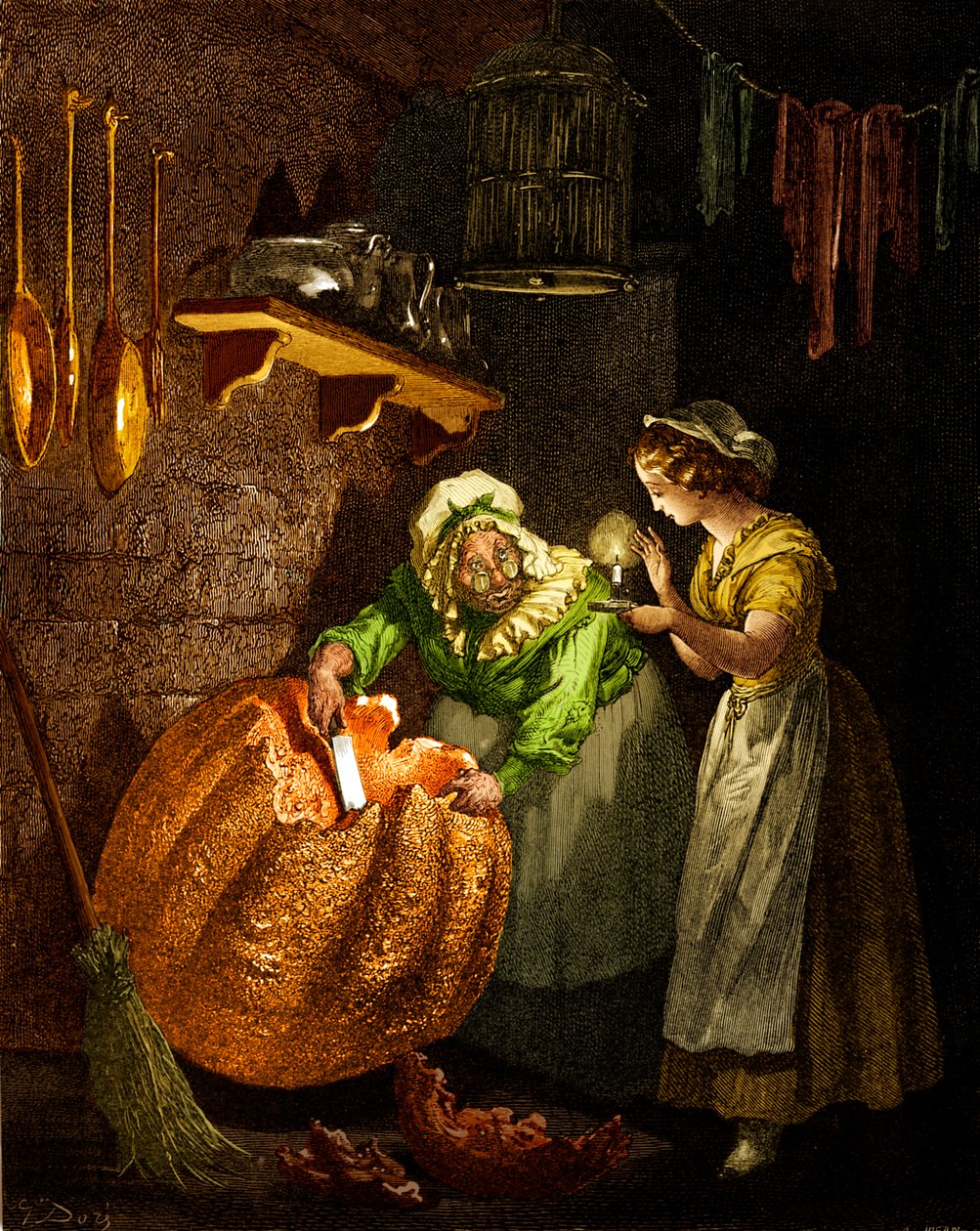 Assepoester: Feeënmoeder snijdt de pompoen door Gustave Dore