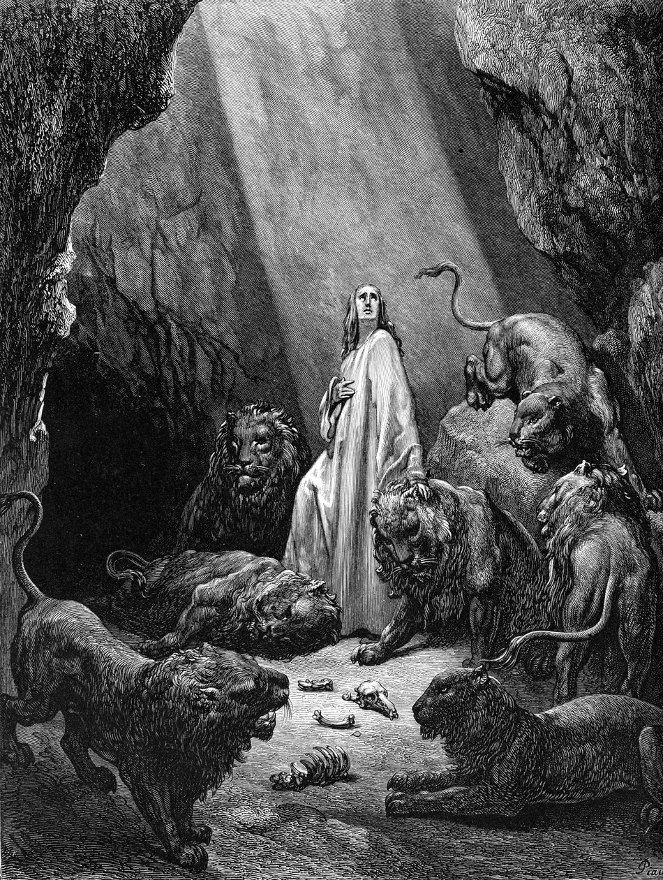 Daniël in de leeuwenkuil, gravure door Doré door Gustave Dore