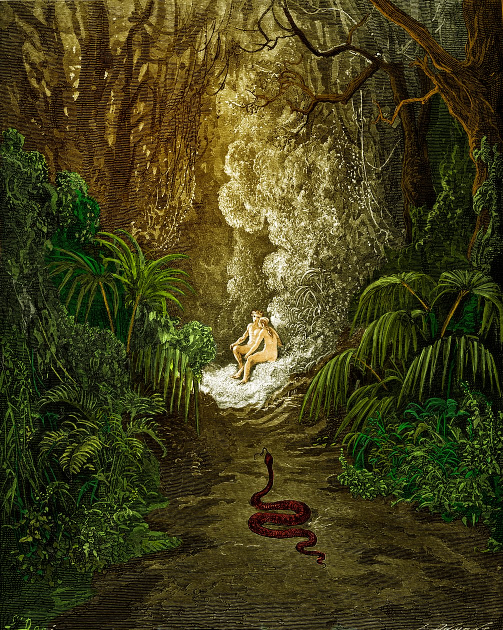 Paradise Lost, door Milton: De slang nadert door Gustave Dore