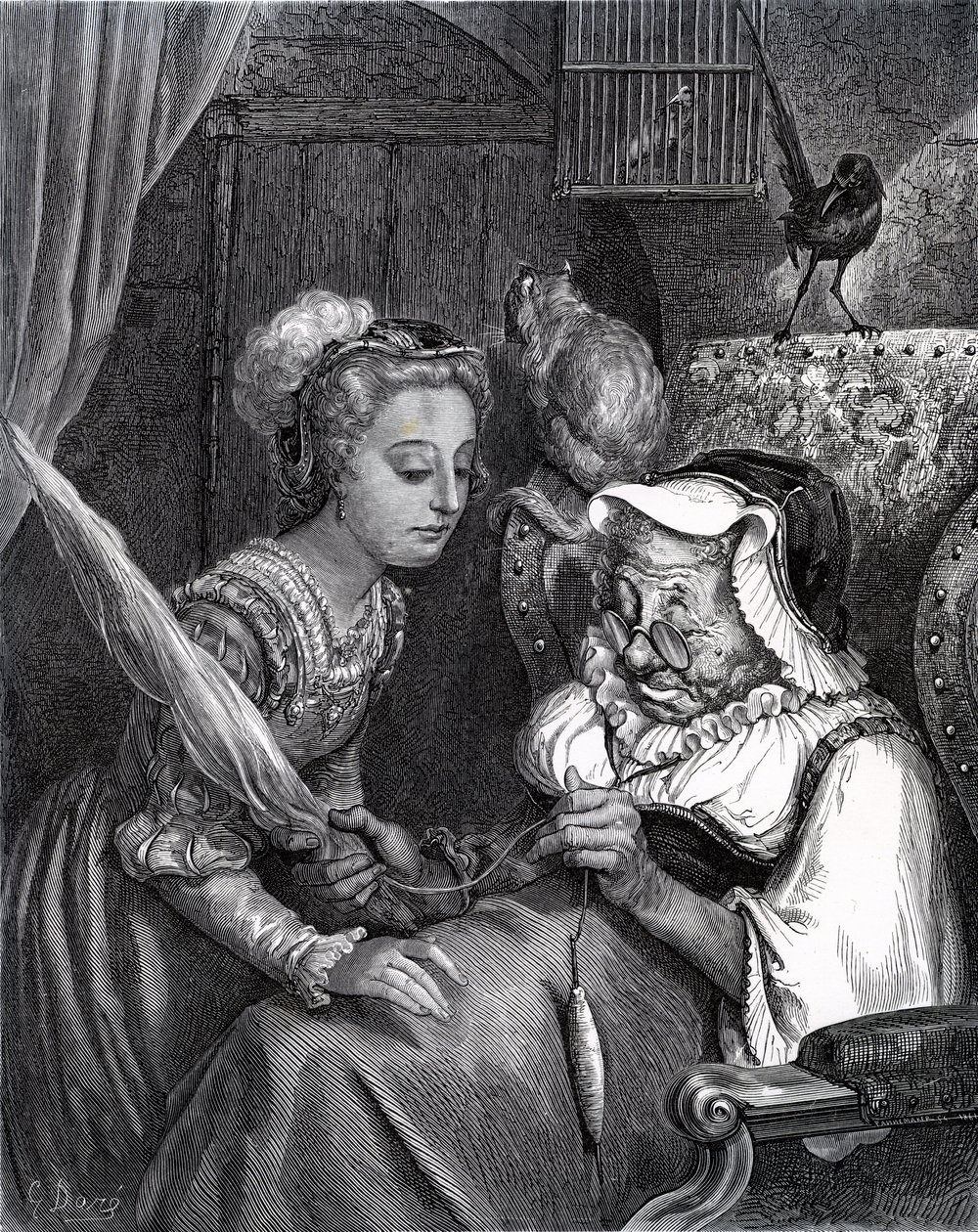 Doornroosje: Prinses en Fee Spite in toren door Gustave Dore