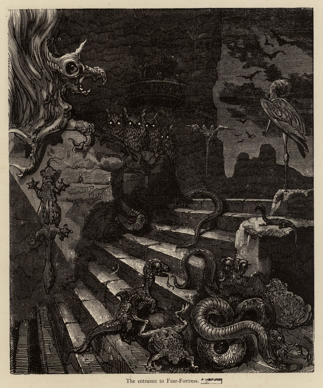 De ingang van de Angstburcht door Gustave after Dore