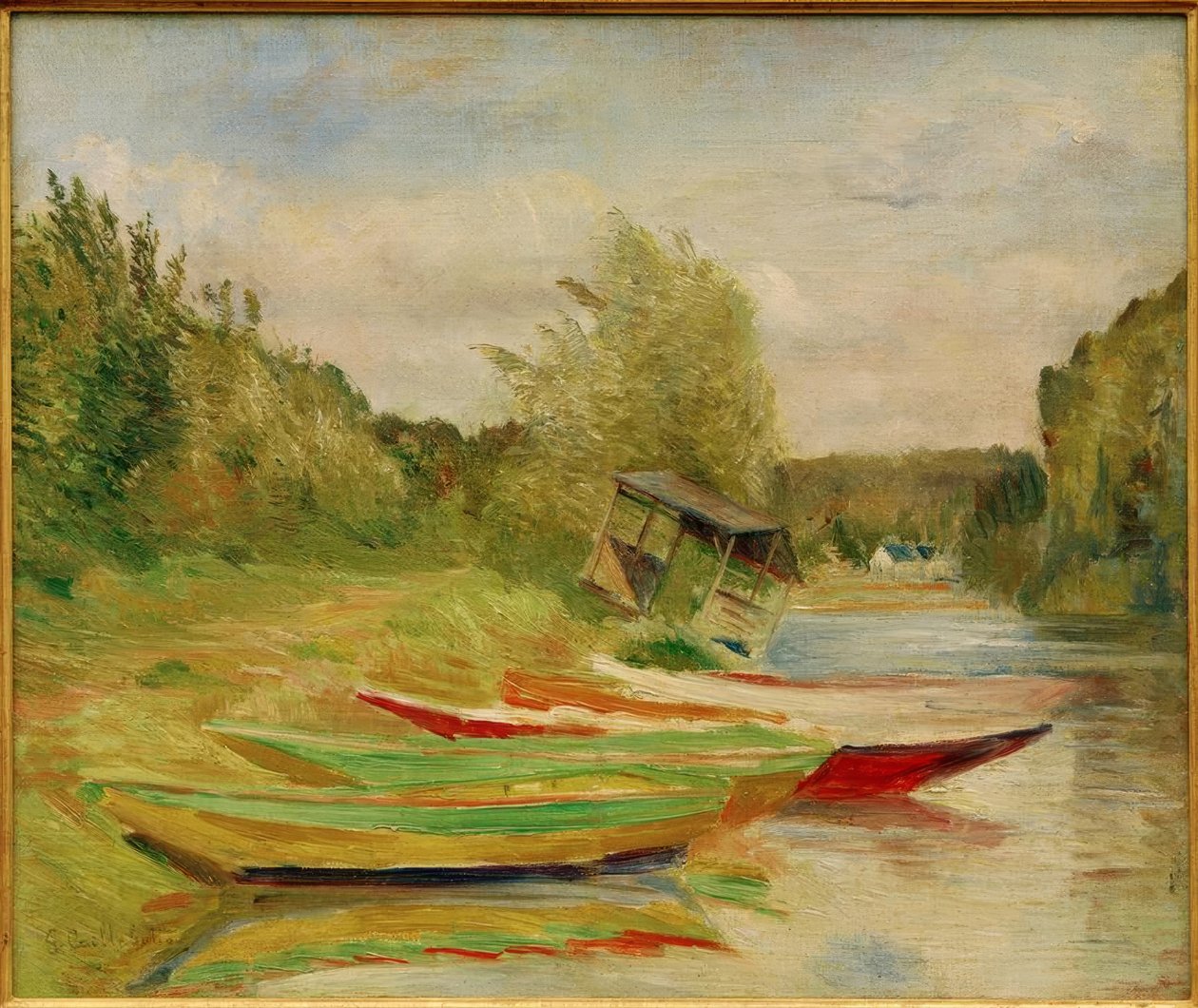 Boten en hut, oever van de Seine door Gustave Caillebotte