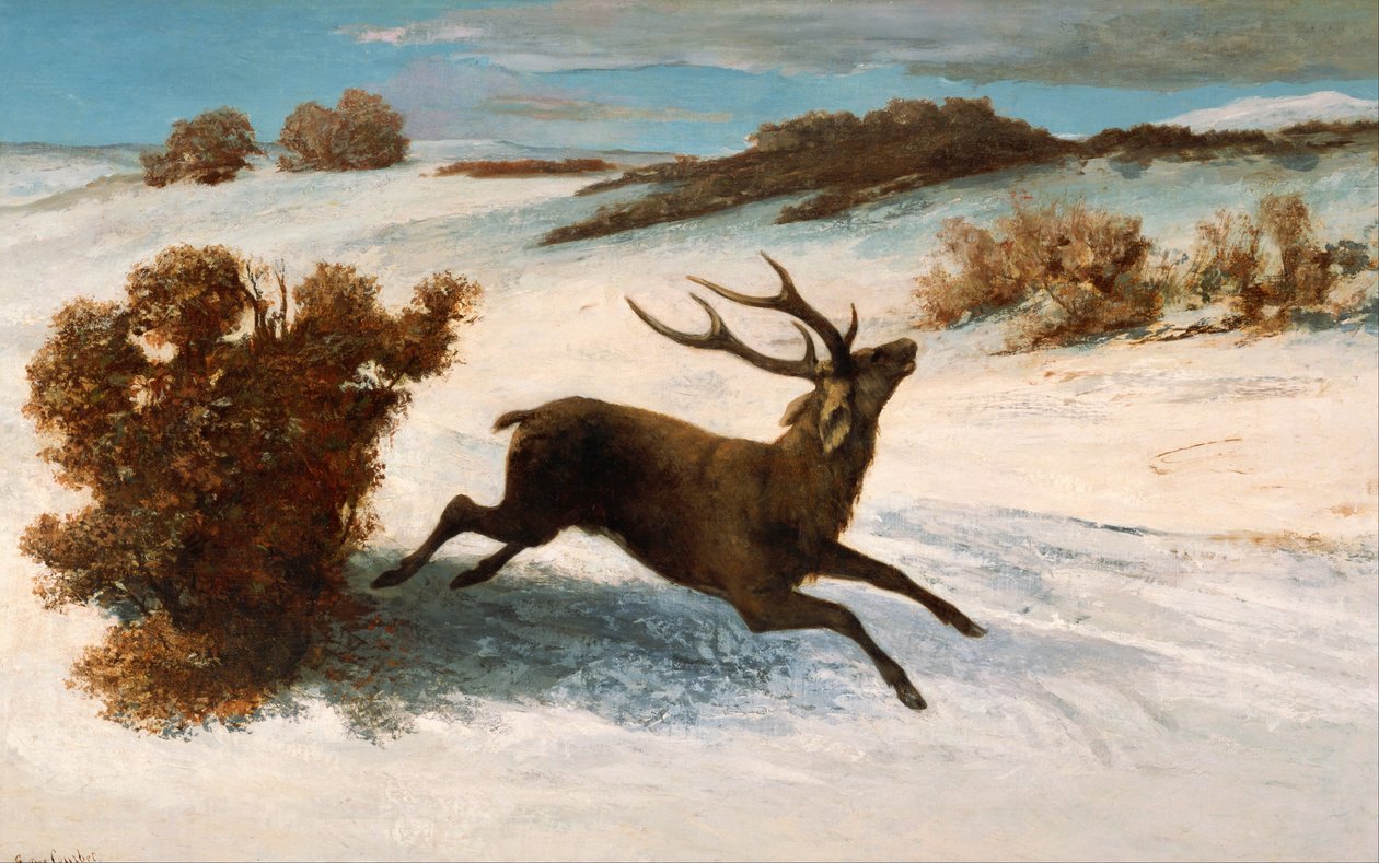 Herten rennen in de sneeuw door Gustave Courbet