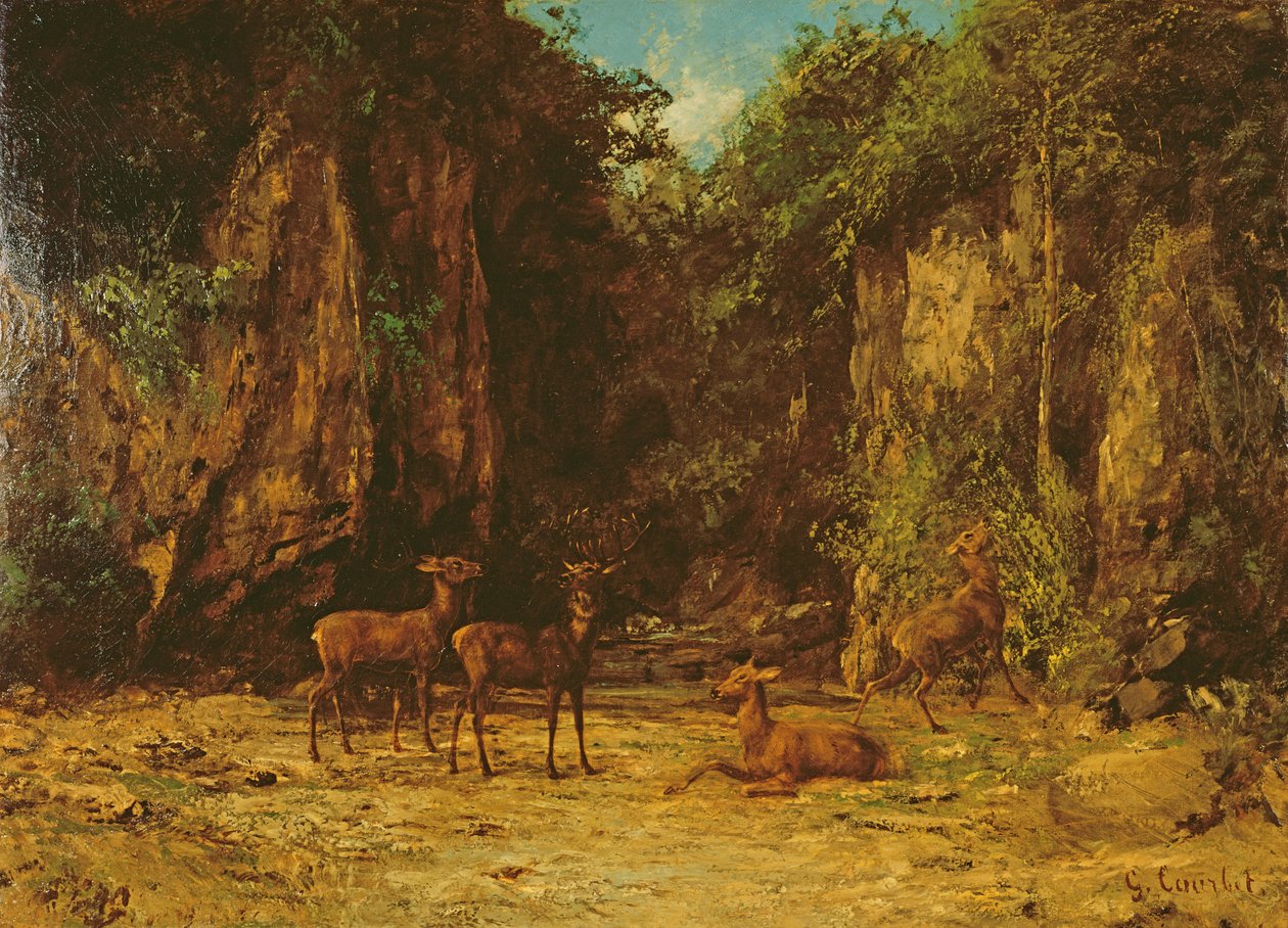 Kudde edelherten bij schemering door Gustave Courbet