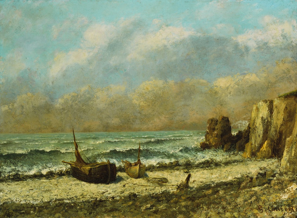 Twee boten op het strand door Gustave Courbet