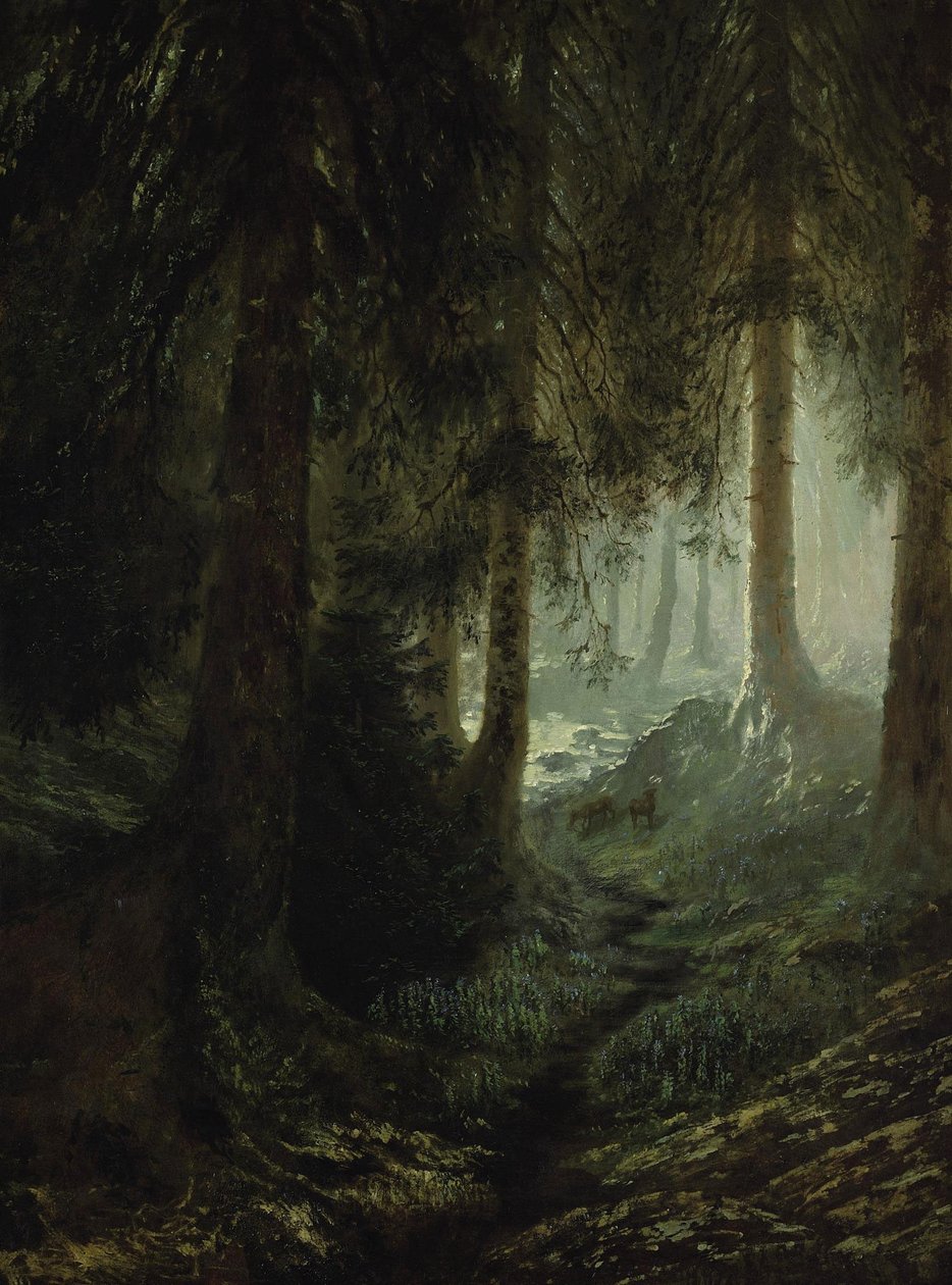 Herten in een boslandschap door Gustave Dore