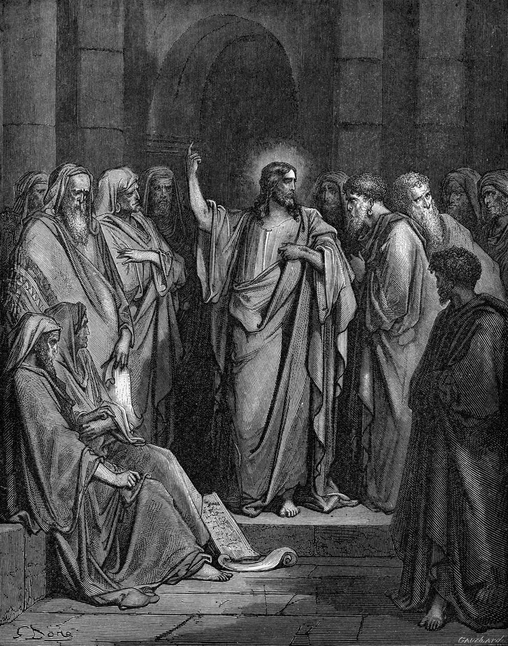 Christus in de synagoge door Gustave Dore