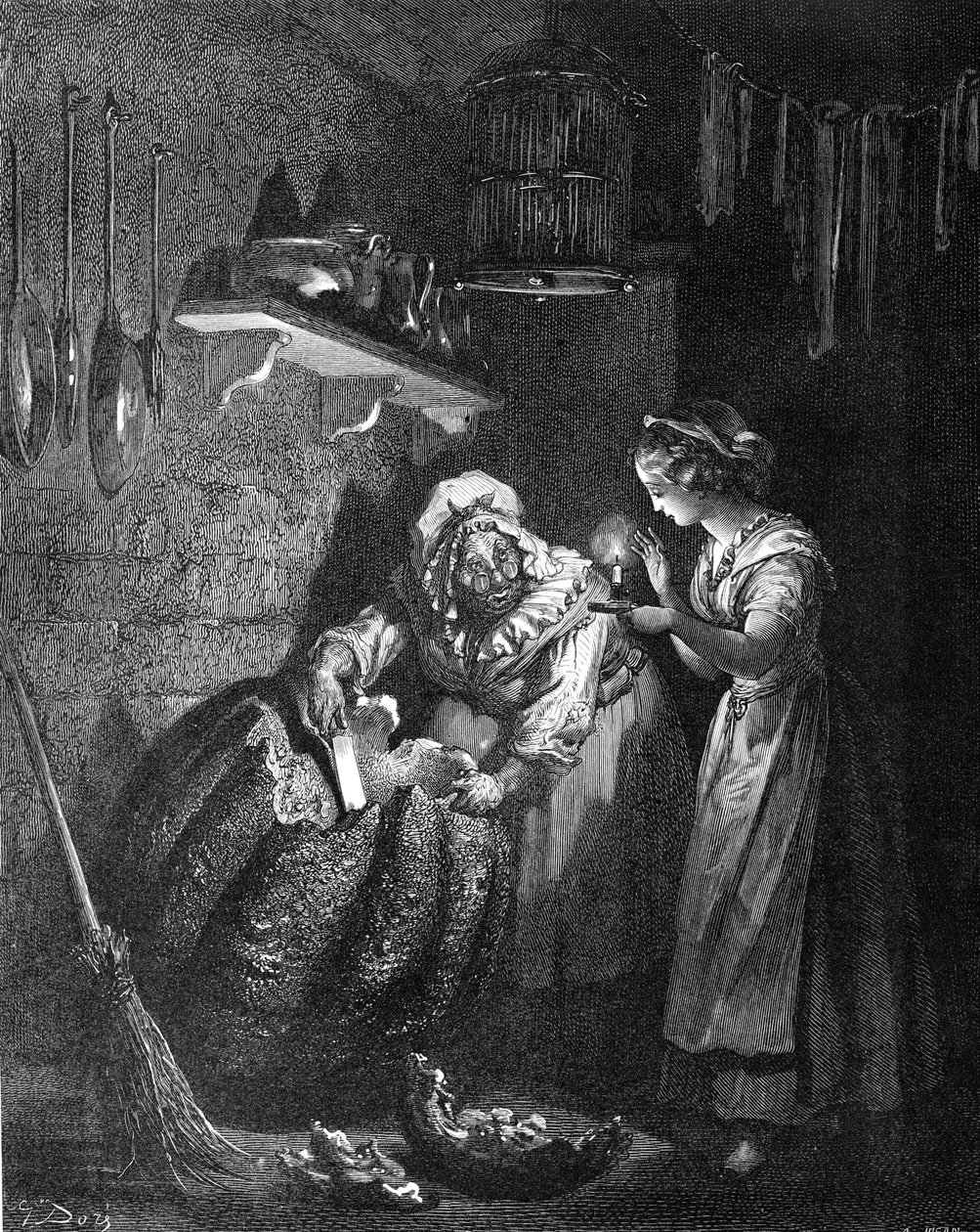 Assepoester: Feeënmoeder snijdt de pompoen door Gustave Dore