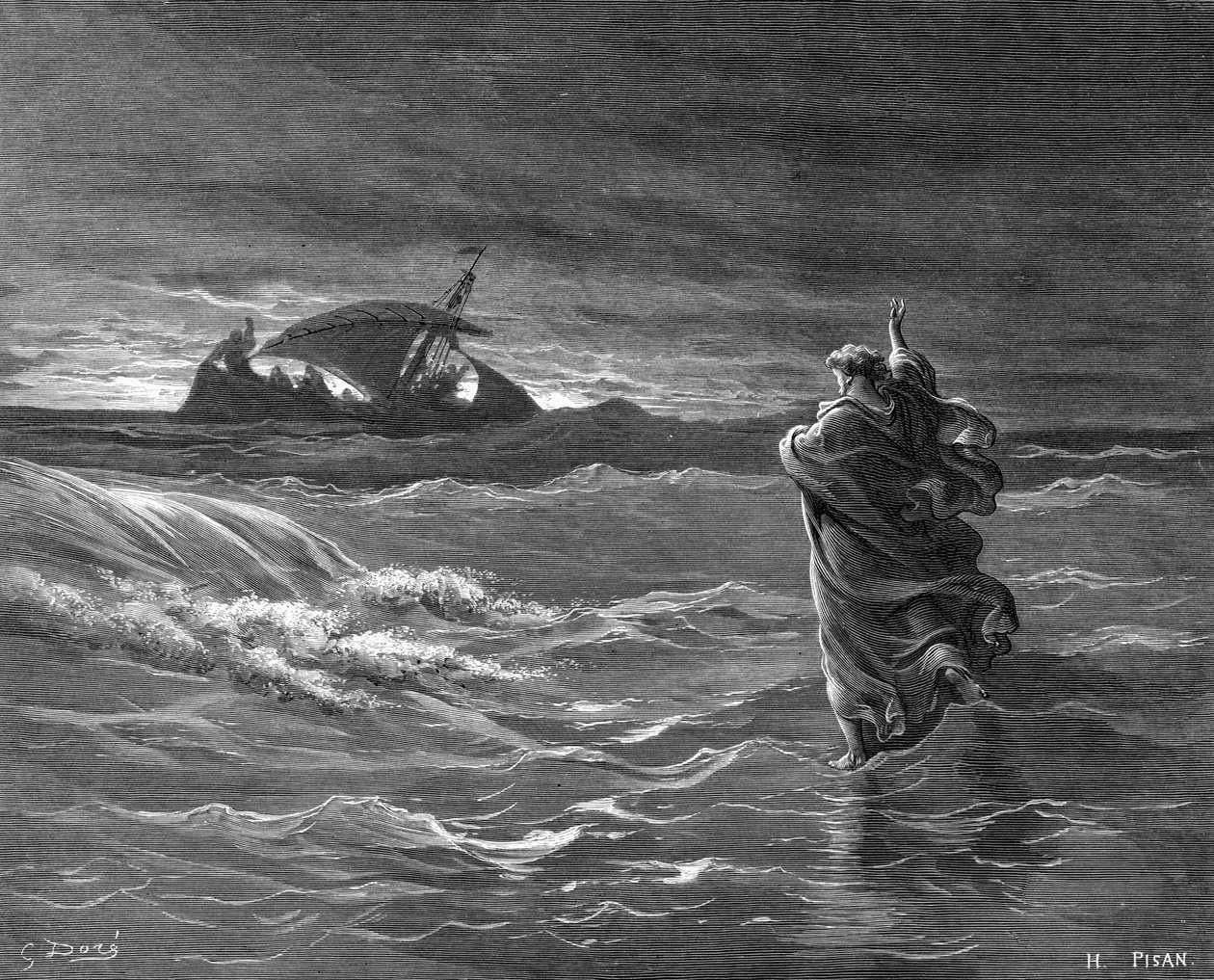 Gravure van Jezus die op water loopt door Gustave Dore
