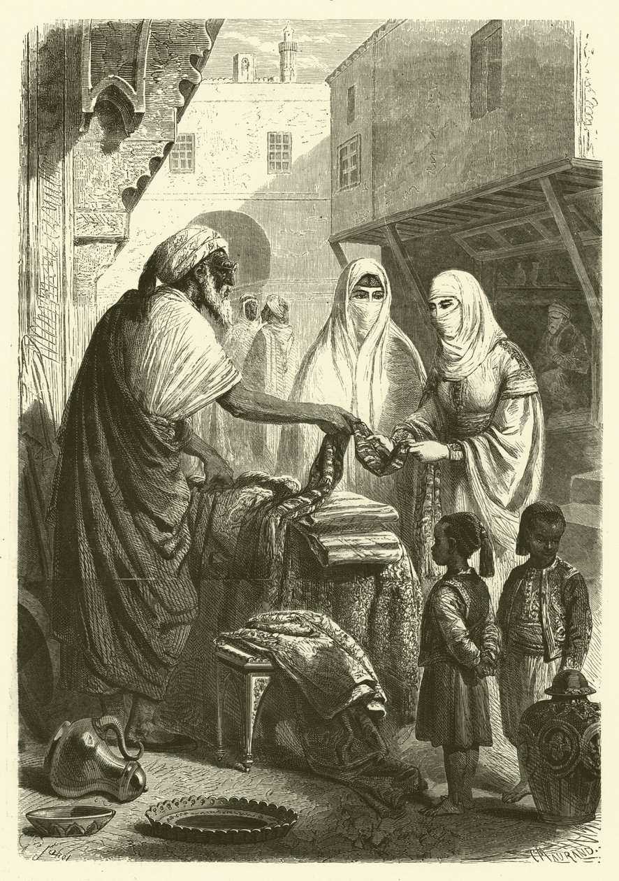 Bazaar in Mogador, Marokko (gravure) door Gustave Janet