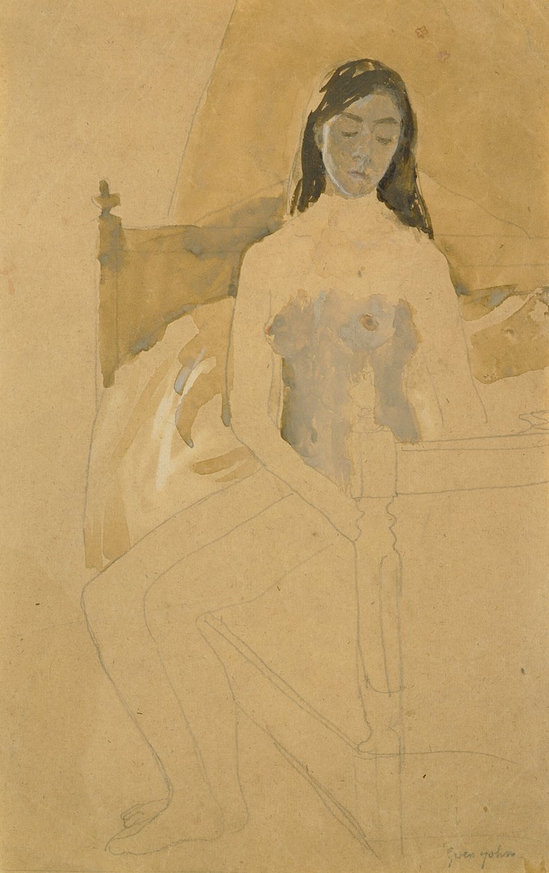 Zelfportret, naakt, zittend op een bed door Gwen John