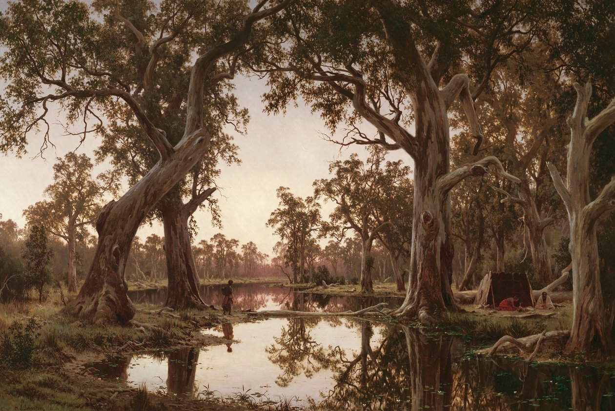 Avondschaduwen, achterwater van de Murray, Zuid-Australië door H J. Johnstone