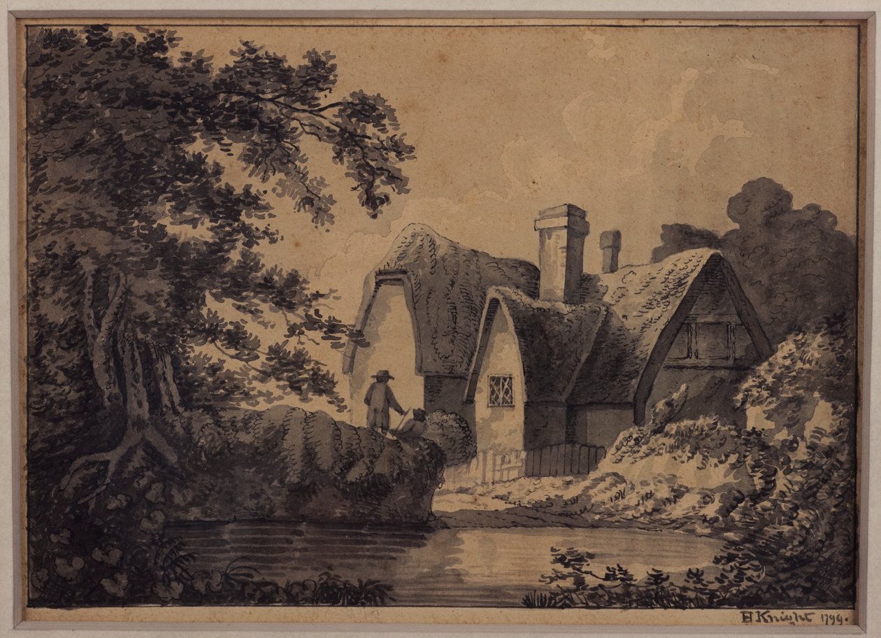 Twee bij een huisje in een landschap, 1799 door H. Knight