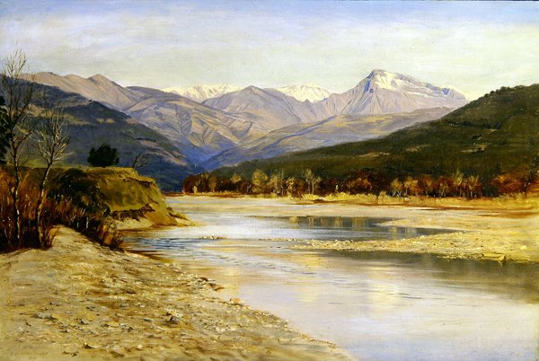 Een bergachtig meerlandschap in Bordighera door H. Baynes