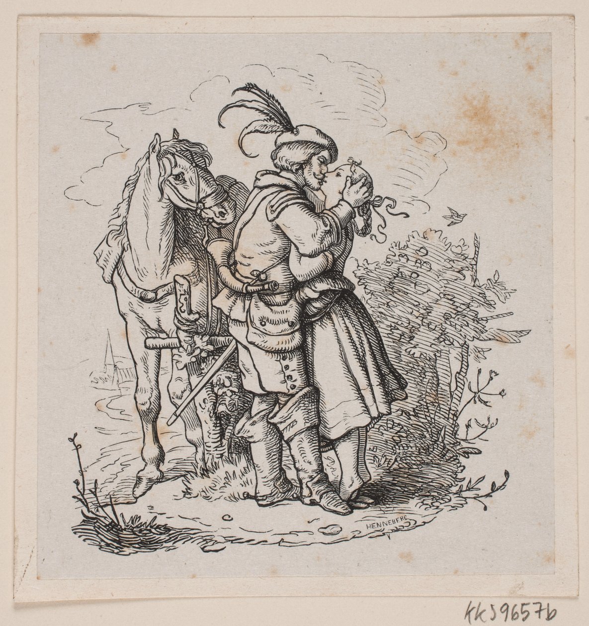 Een ruiter kust een jong meisje door H. C. Henneberg