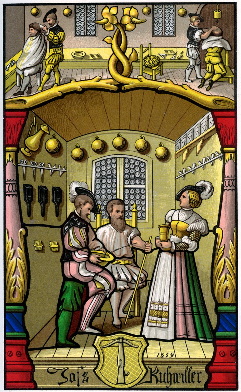 Barbier en pruikenmaker, 16e eeuw 1849 door H. Moulin