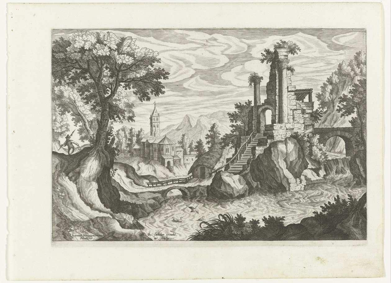 Landschap met een rivier en ruïne door H. van Schuppen