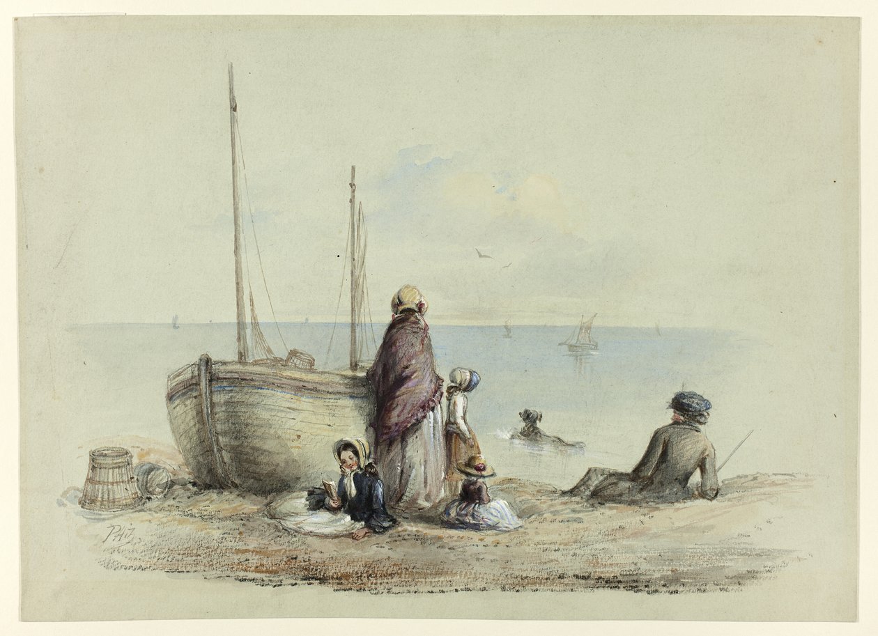 Familie op een strand door Hablot Knight Browne