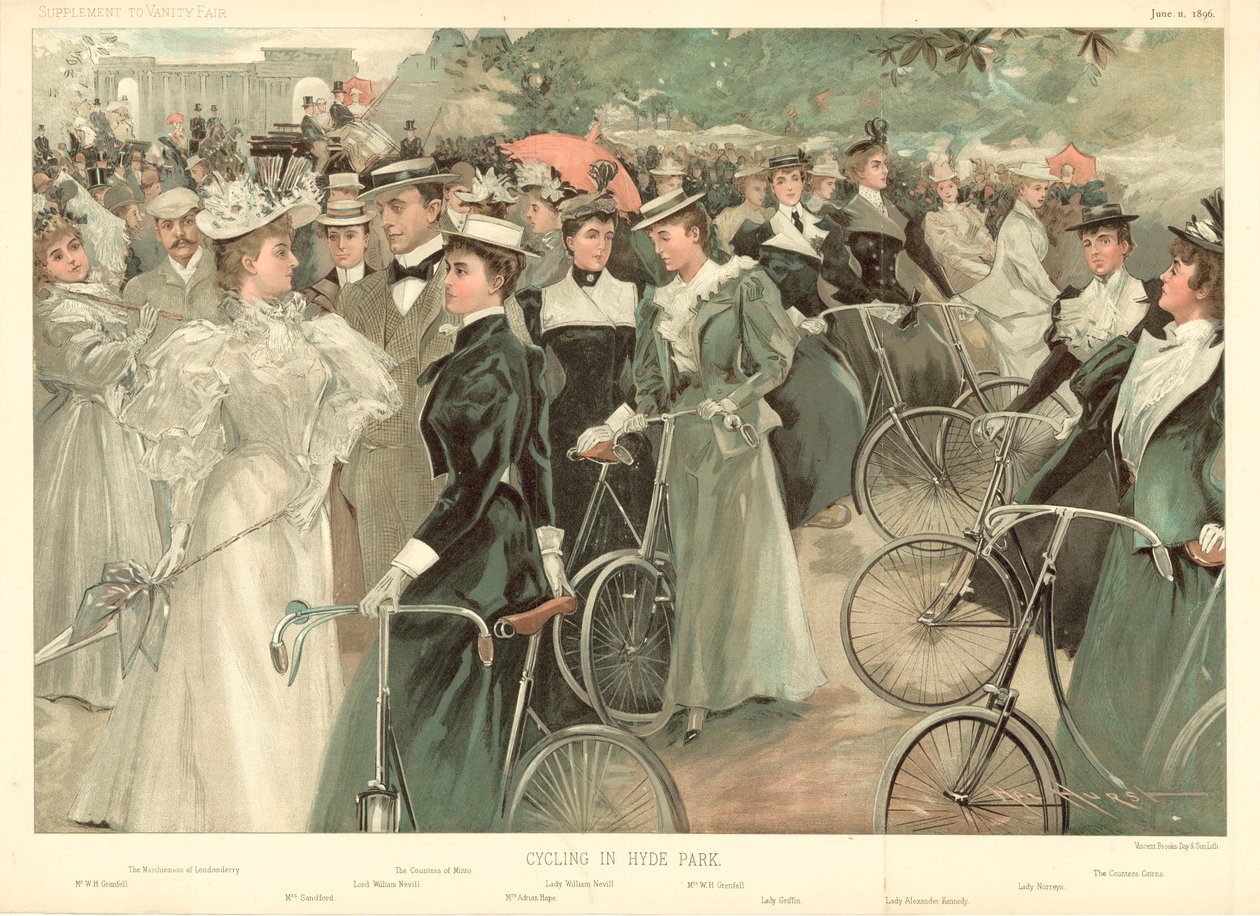 Fietsen in Hyde Park (kleurenlitho) door Hal Hurst