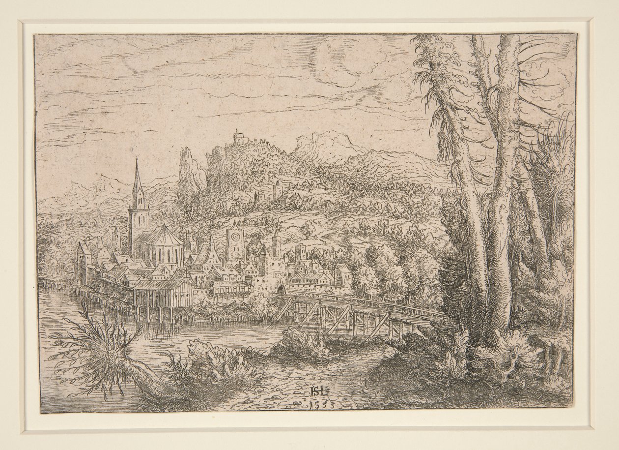 Uitzicht op een stad bij een rivier door Hanns Lautensack