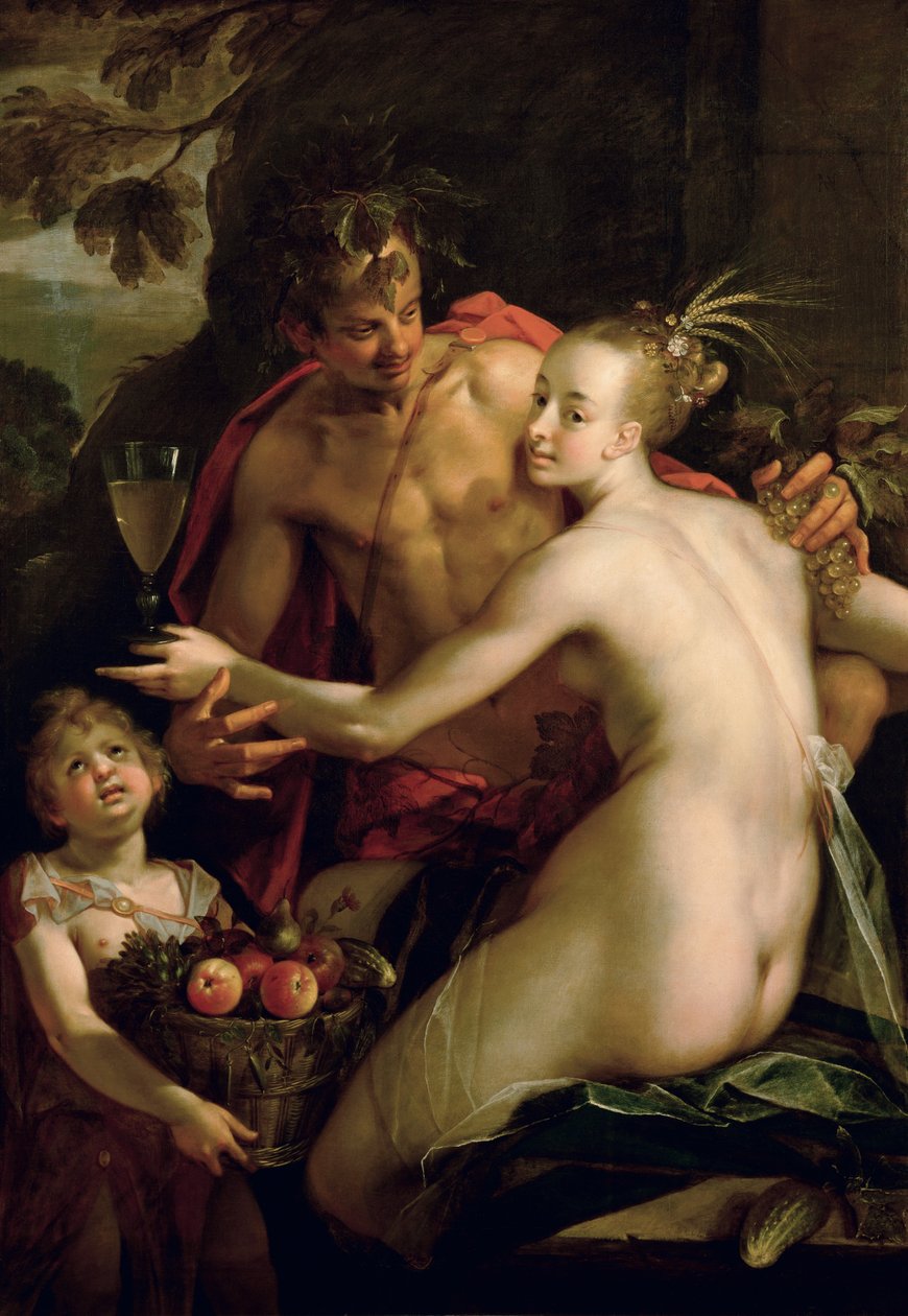 Bacchus, Ceres en Amor door Hans von Aachen