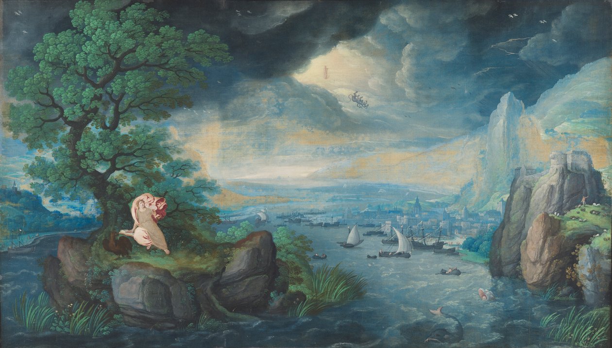 Fantasielandschap met Johannes de Evangelist op Patmos door Hans Bol