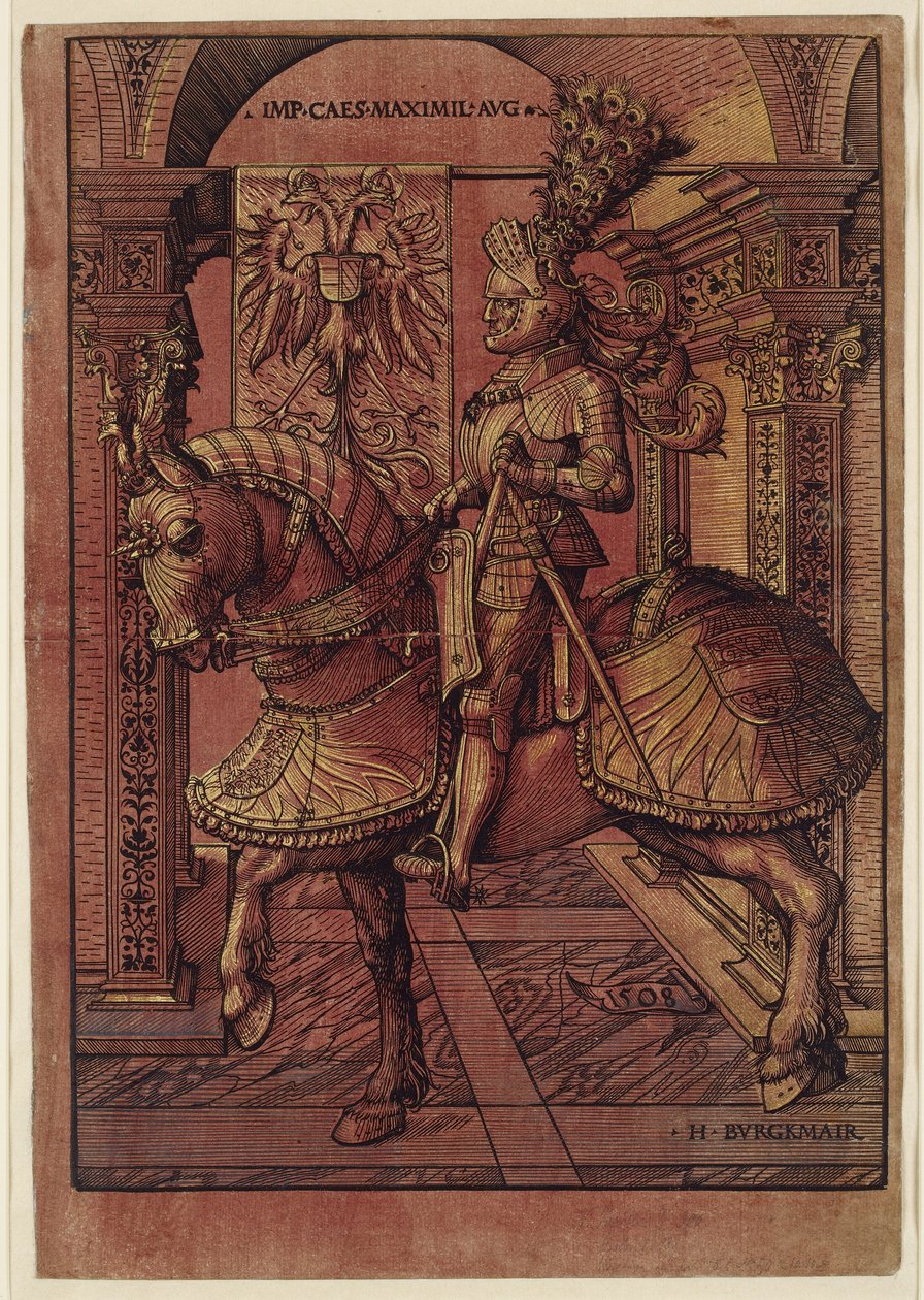 Keizer Maximiliaan I, gewapend te paard, 1508 door Hans Burgkmair