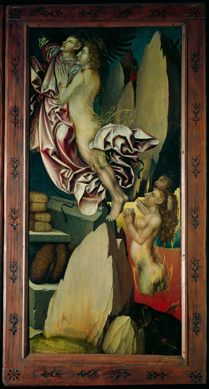 Bugnon altaarstuk, linker paneel dat de bevrijding van een ziel uit het vagevuur toont, c.1507 door Hans Fries