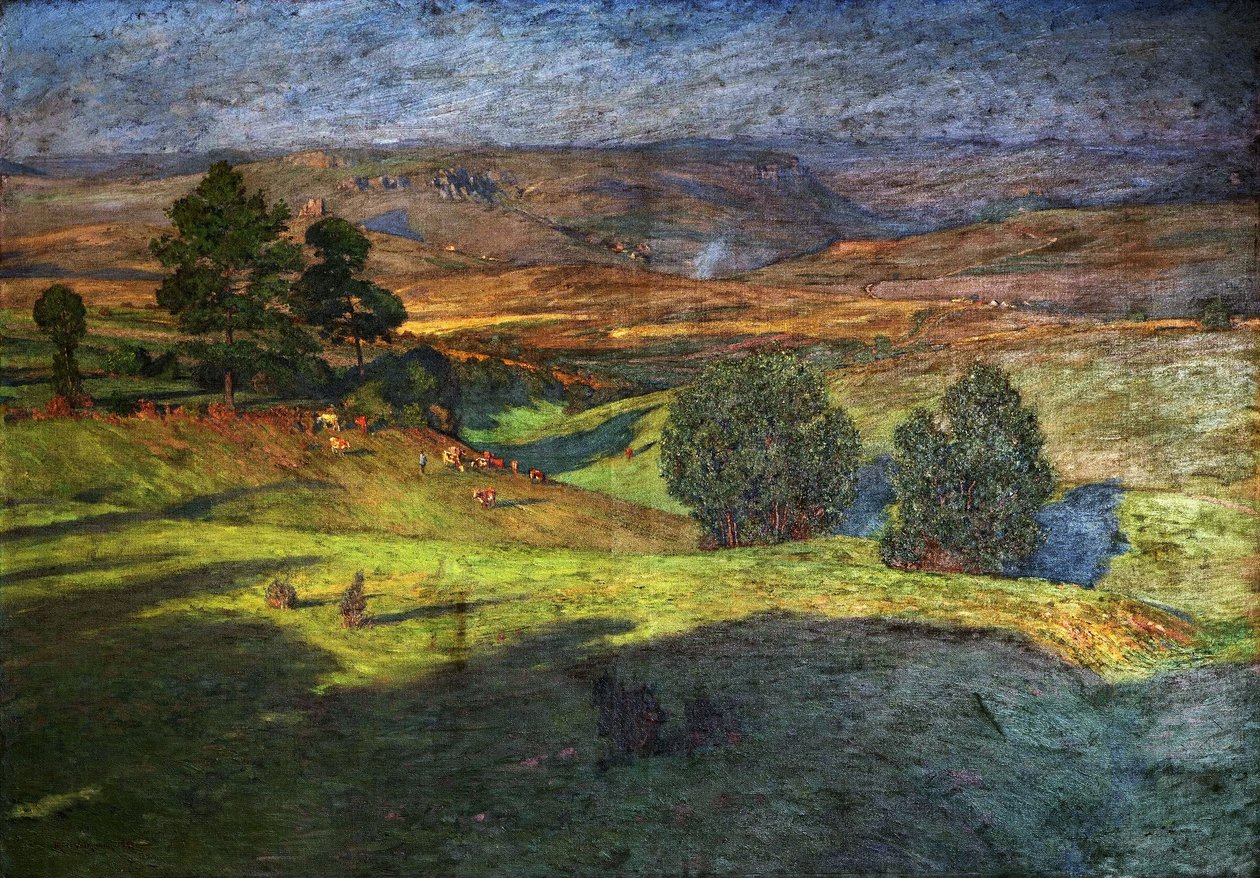 Heuvelachtig landschap bij zonsondergang door Hans Richard von Volkmann